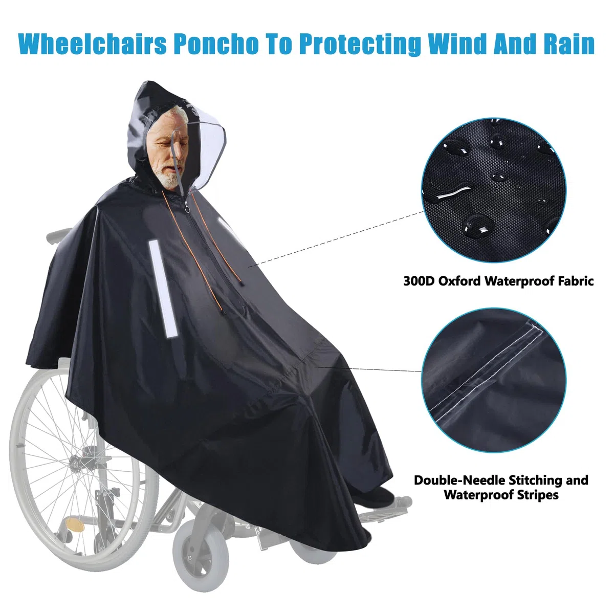 Poncho Impermeabile per Sedie a Rotelle con cappuccio semitrasparente e cerniera impermeabile, Mantella Antipioggia Universale con strisce riflettenti per scooter elettrici e di mobilità