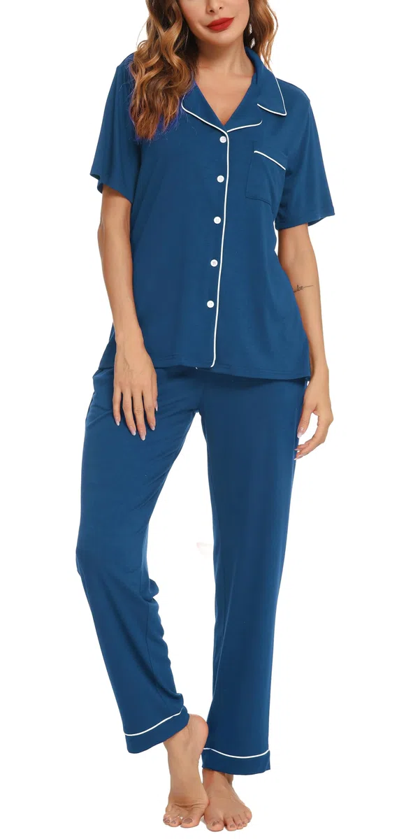 Lovasy Pigiama Donna Estivo Set,Corta Pigiama Camicia con Bottoni sul Bavero Comodo Pantaloni Lunghi Traspiranti Pigiama da Casa Casual in Due Pezzi S-XXL