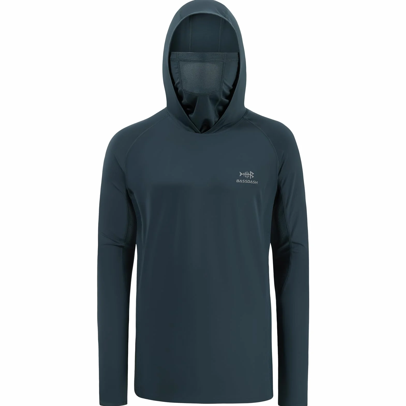 Bassdash - Maglia a Maniche Lunghe da Uomo con Protezione UPF 50+ e Maschera facciale incorporata, Scaldacollo e Cappuccio, Ideale per la Pesca