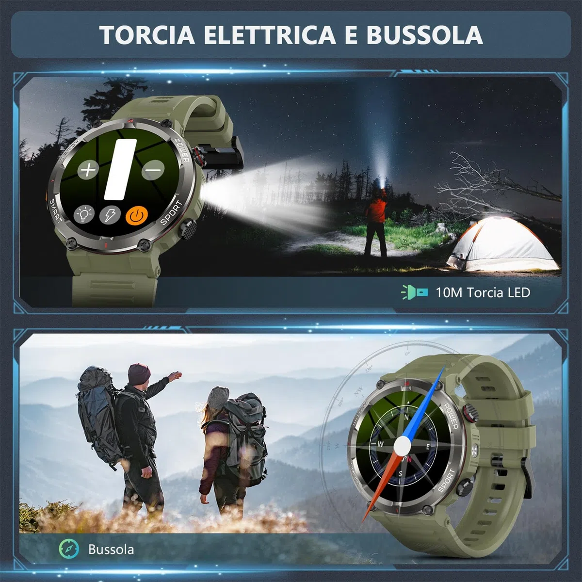 Smartwatch Uomo con Effettua o Risposta, 1.45" HD Orologio con 100Giorni StandbyBatteria/LED Torcia/Bussola, 24/7 Monitoraggio Salute (Frequenza Cardiaca/Sonno/SpO2) per Android iOS（Verde）