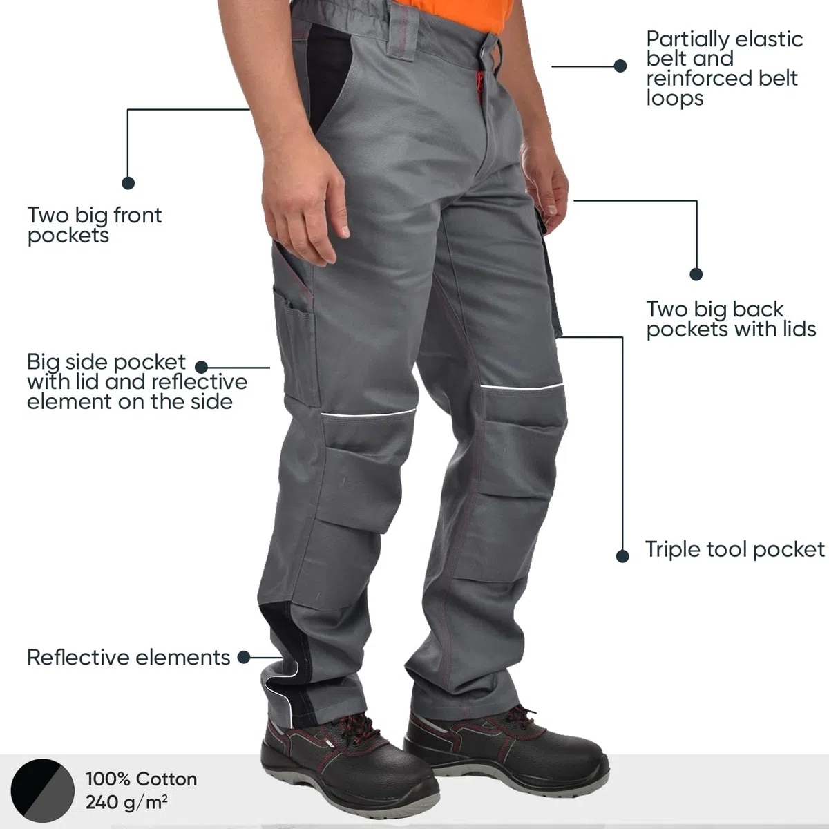 BWOLF Raptor 100% cotone, pantaloni da lavoro da uomo, pantaloni da lavoro con tasche multifunzionali, tasche imbottite, strisce riflettenti