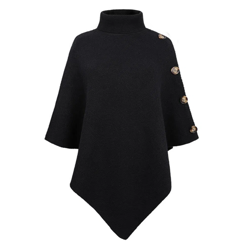 JFAN Maglia Donna Invernale Poncho a Collo Alto Quattro Bottoni Elegante