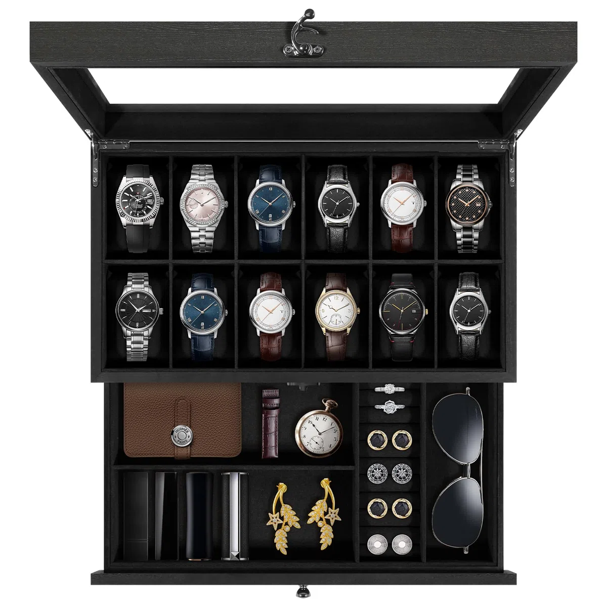 Uten Scatola Porta Orologi a 12 Scomparti, 2 Livelli Porta Orologi Legno, Coperchio in Vetro, Cuscino di Seta, Fodera Nero, Idea Regalo, Catola Portagioielli per Orologi Uomo e Donna