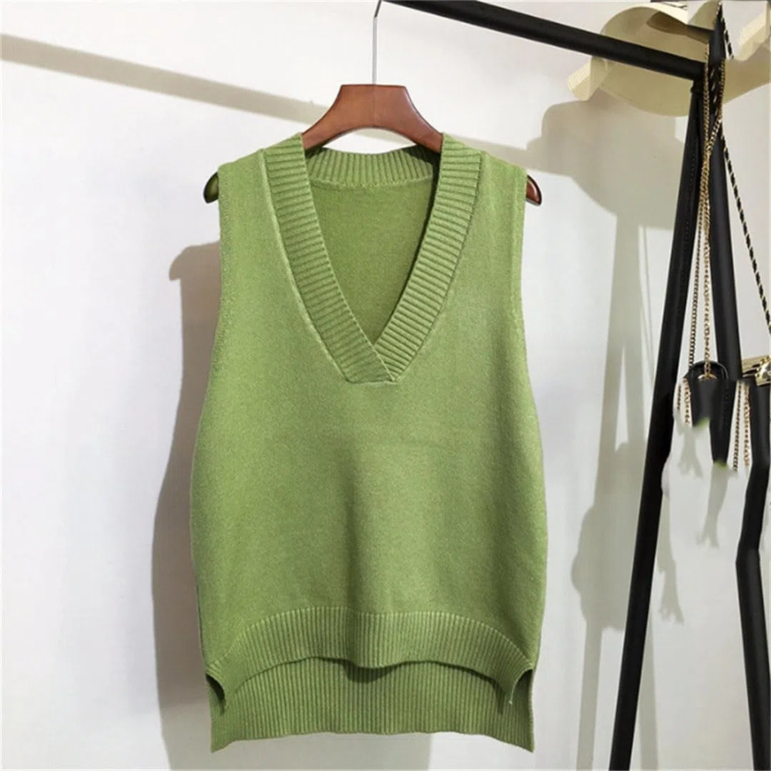 Maglione da donna semplice con scollo a V retrò gilet lavorato a maglia maglione sciolto senza maniche camicia di fondo pullover gilet casual