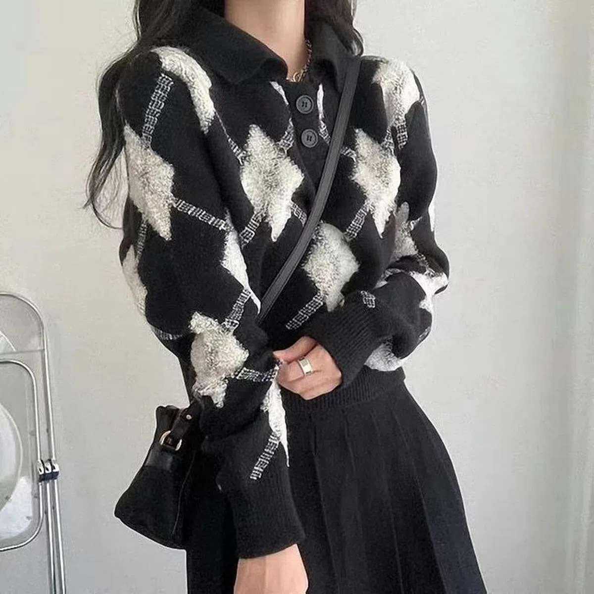 WEITING Maglione con Stampa a Rombi Stile Coreano Donna Preppy Blu Colletto Polo Moda Maglione Lavorato a Maglia Donna Autunno Inverno Pullover-Shenlan-S