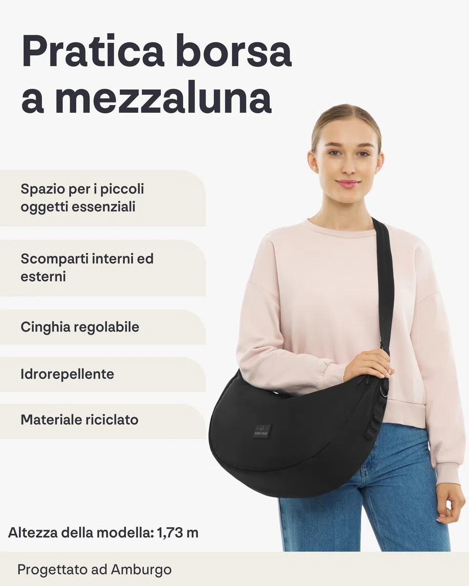 Johnny Urban Borsa a Tracolla Donna e Uomo Nero - Ally Large - Borsa Mezzaluna Grande - Crossbody Moon Bag - Marsupio Rotonda con Tracolla Regolabile - Idrorepellente