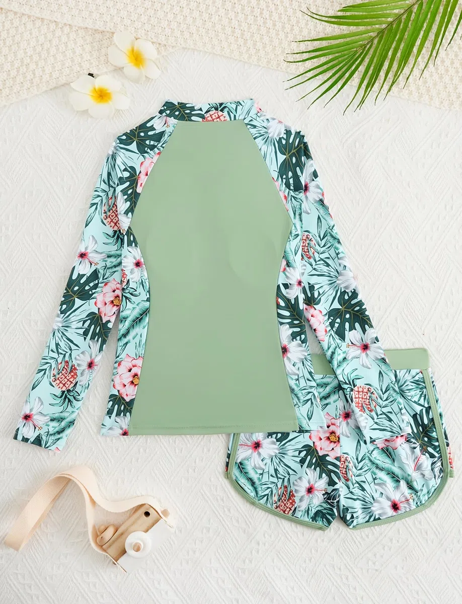 SEAUR Rashguard - Costume da bagno da bambina, 1/2 zip, 2 pezzi, protezione solare, costume da bagno per bambini, a maniche lunghe, 130-160