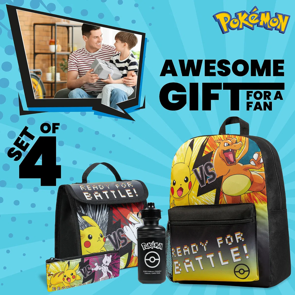 Pokémon Zainetto Bambino Set 4 Pz Zaino Borraccia Astuccio Borsa Porta Pranzo o Portafoglio Anime Accessori Scuola Regalo Bambini (Nero/Giallo 4 Pz Set)