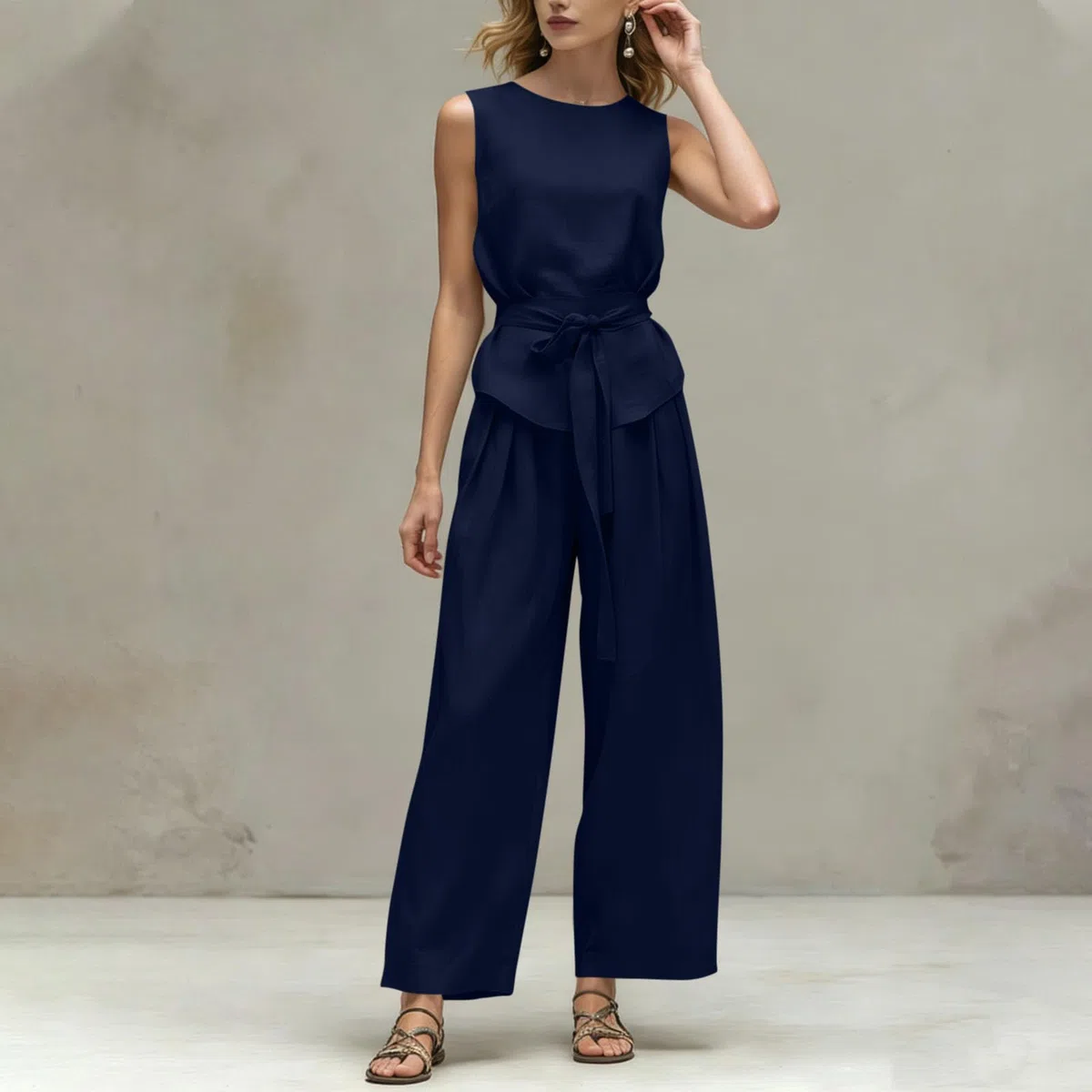 2 pezzi abiti da donna estivi casual Co Ord set girocollo senza maniche gilet top gamba larga pantaloni lunghi con tasche cravatta anteriore comfort lounge wear set slim aeroporto viaggio outfit