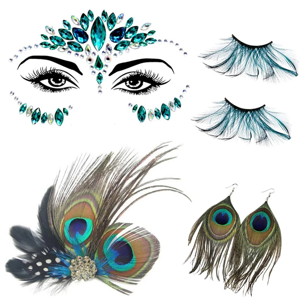 Set Decorazione Viso Piume di Pavone, Decorazione Piume di Pavone, con Piume di Pavone, Che Comprende Orecchini di Piume, Ciglia, Fermagli e Adesivi Acrilici per il Viso, per le donne