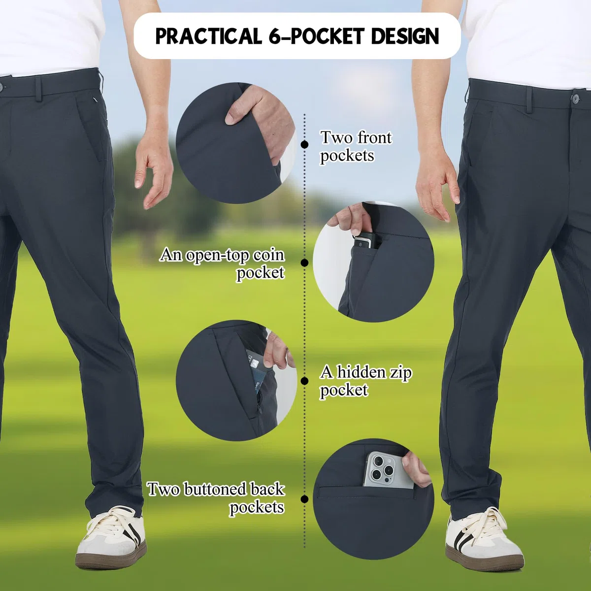 Pantaloni da golf da uomo, elasticizzati, traspiranti e ad asciugatura rapida, con impugnatura in silicone e tasche per un comfort ottimale sul campo da golf