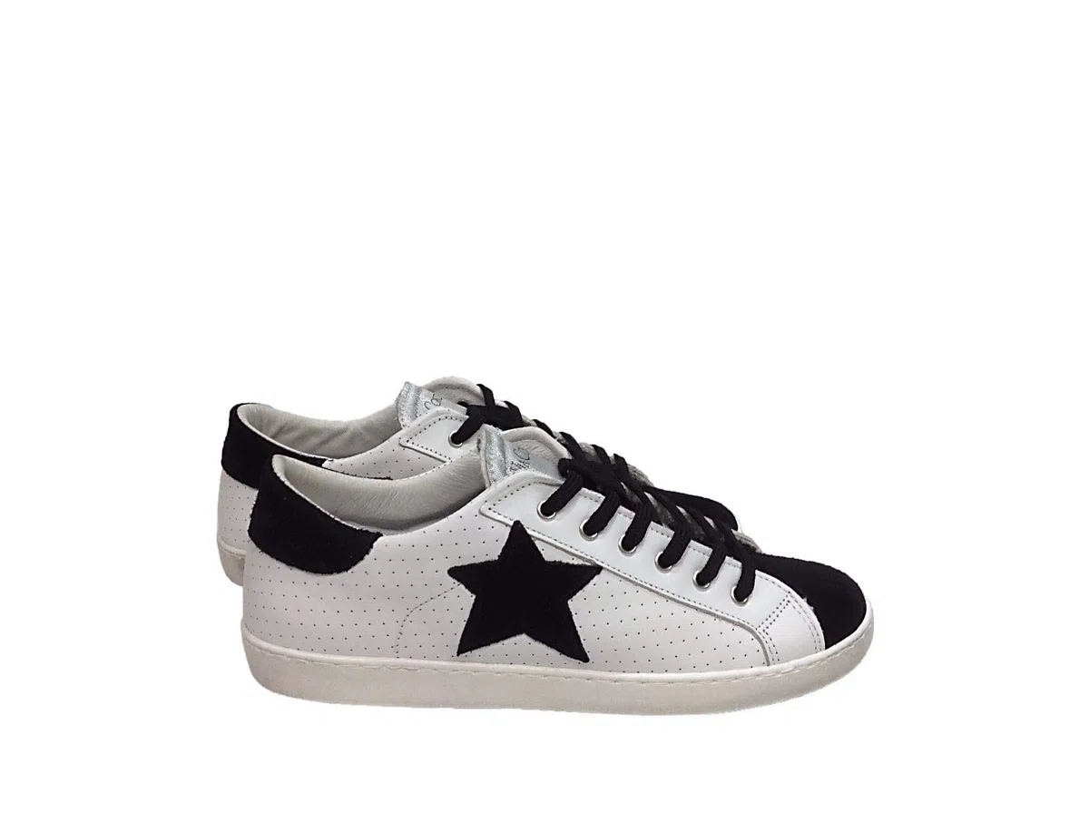 VIA CONDOTTI Scarpe Sneakers Basse Pelle Traforata Bianco Nero Art Golf Stella