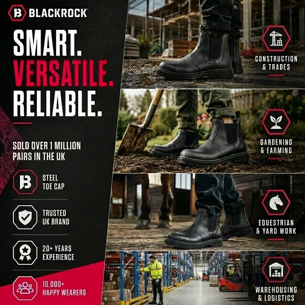 Blackrock Dealer Stivali di sicurezza da lavoro, Punta d'acciaio, Stivali Chelsea, Uomo Donna, Scarpe di sicurezza, Giardinaggio, Nero, Equitazione, Cantiere, Scarpe antiscivolo, Leggero