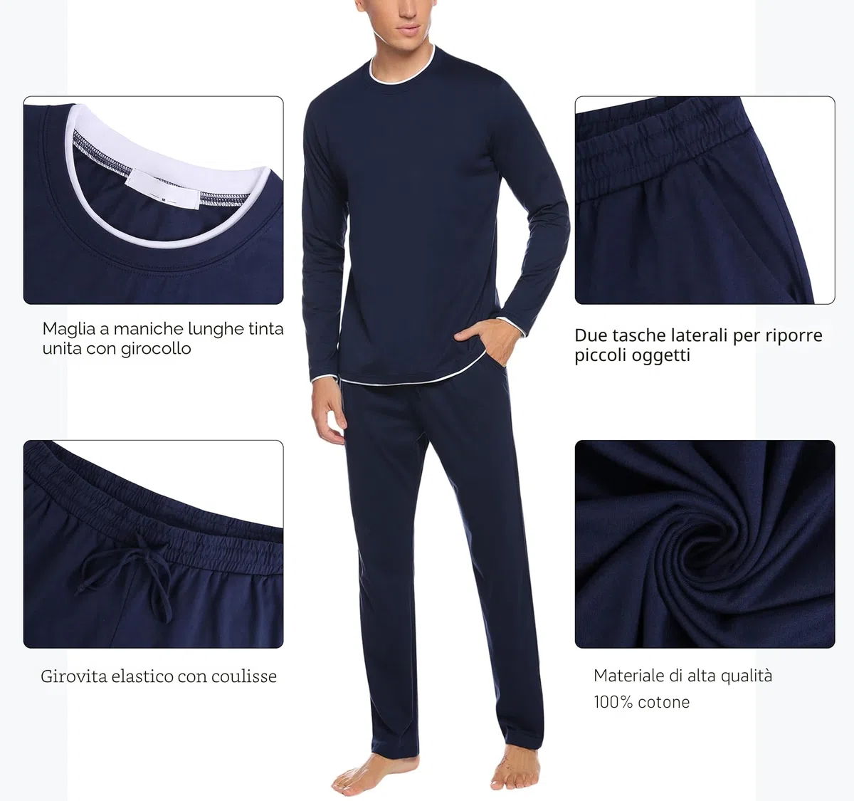 Aseniza Pigiama da Uomo Invernale, Pigiama a Maniche Lunghe in Cotone Semplice ed Elegante Pigiama Morbido Loungewear