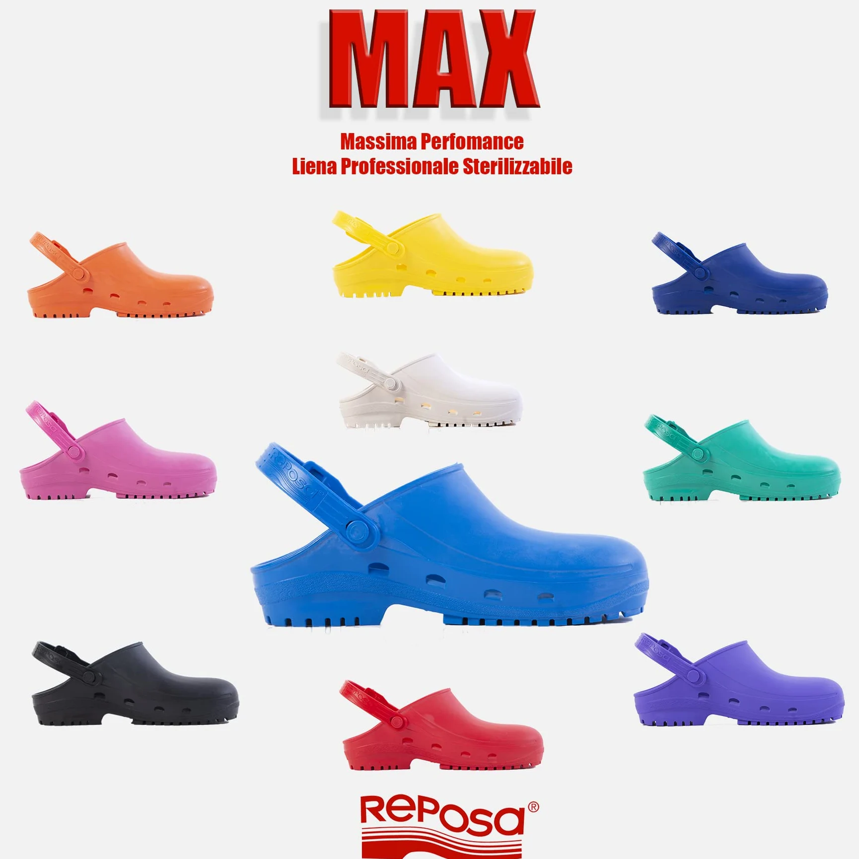 REPOSA Max - Zoccoli Sanitari Donna e Uomo in Gomma con Suola Antiscivolo SRC, Ciabatte Sanitarie Anatomiche con Laccetto Regolabile, Scarpe Sanitarie Sterilizzabili Antishock Traspiranti Leggere