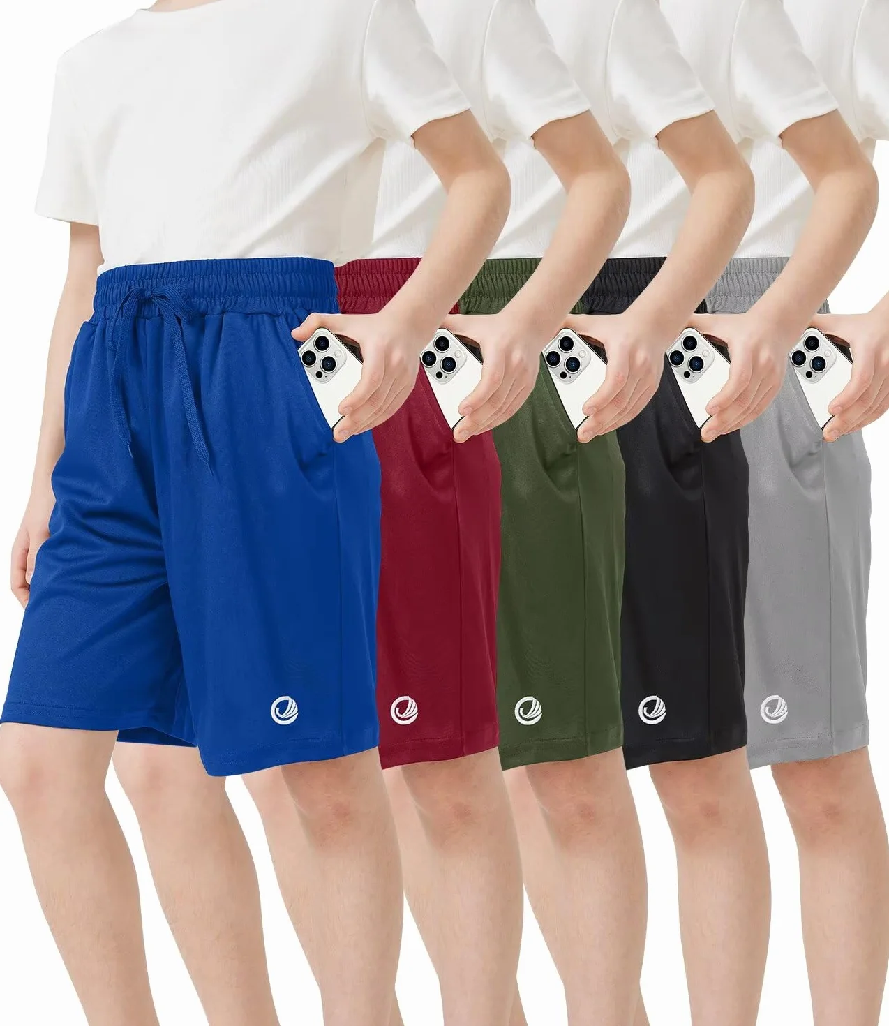 OCYMA Confezione da 5 pantaloncini sportivi per ragazzi con tasche, pantaloncini per ragazzi ad asciugatura rapida, pantaloni da basket per corsa e palestra