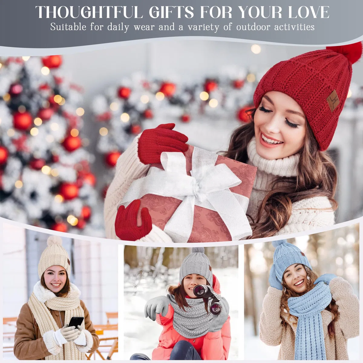 ZASFOU Donna Cappello Invernale Sciarpa Guanti Touch Screen Set Caldo Maglia a Trecce Pompon Maglia Berretto Cappelli Pile Foderati Scaldacollo Guanto Regalo Donna