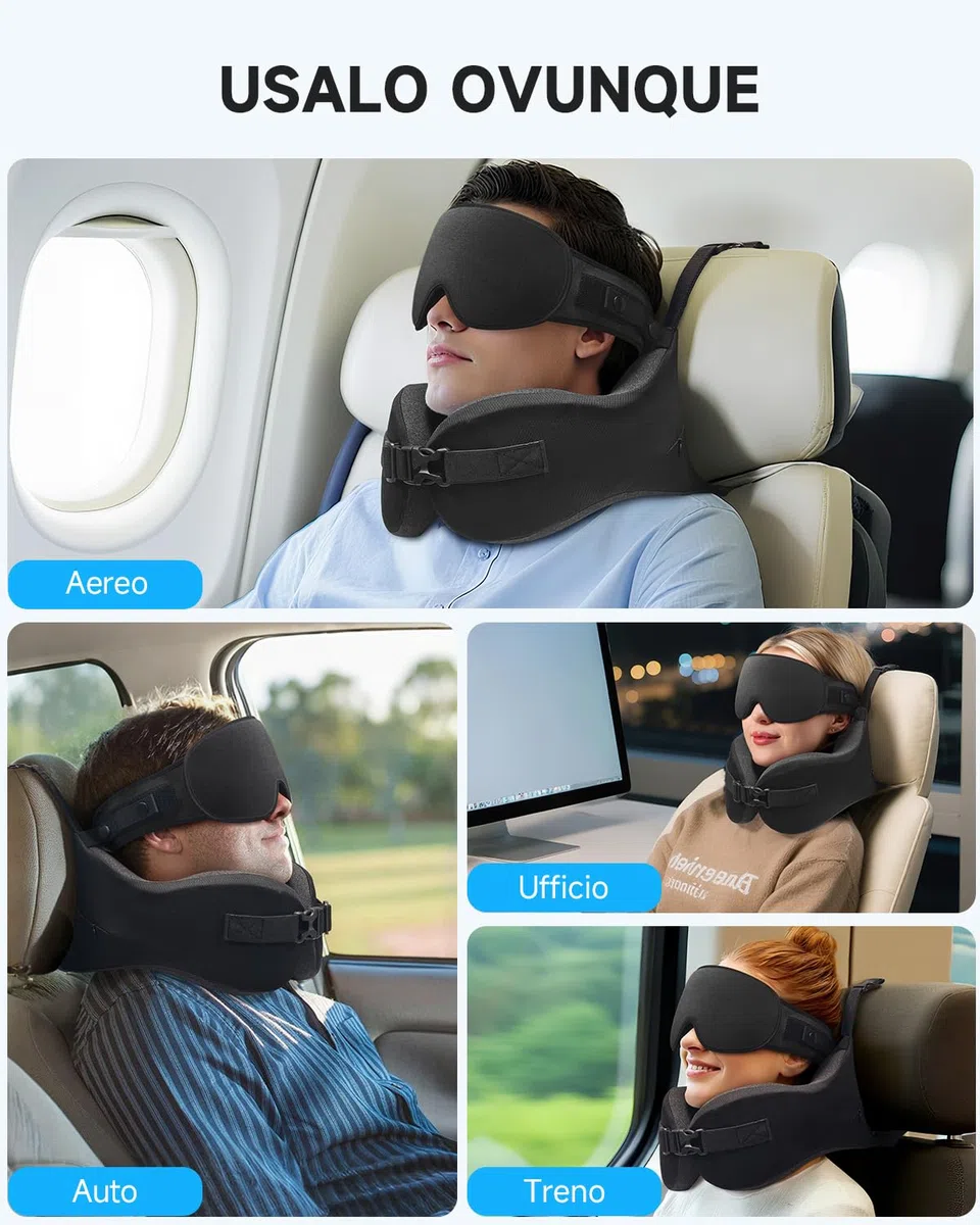 Umisleep Cuscino da Viaggio Memory Foam, Cuscino Cervicale per Aereo con Supporto 360°, con Maschera Occhi 3D, Cuscino da viaggio anticaduta testa per aereo, Ideale per Voli Lunghi (Nero)
