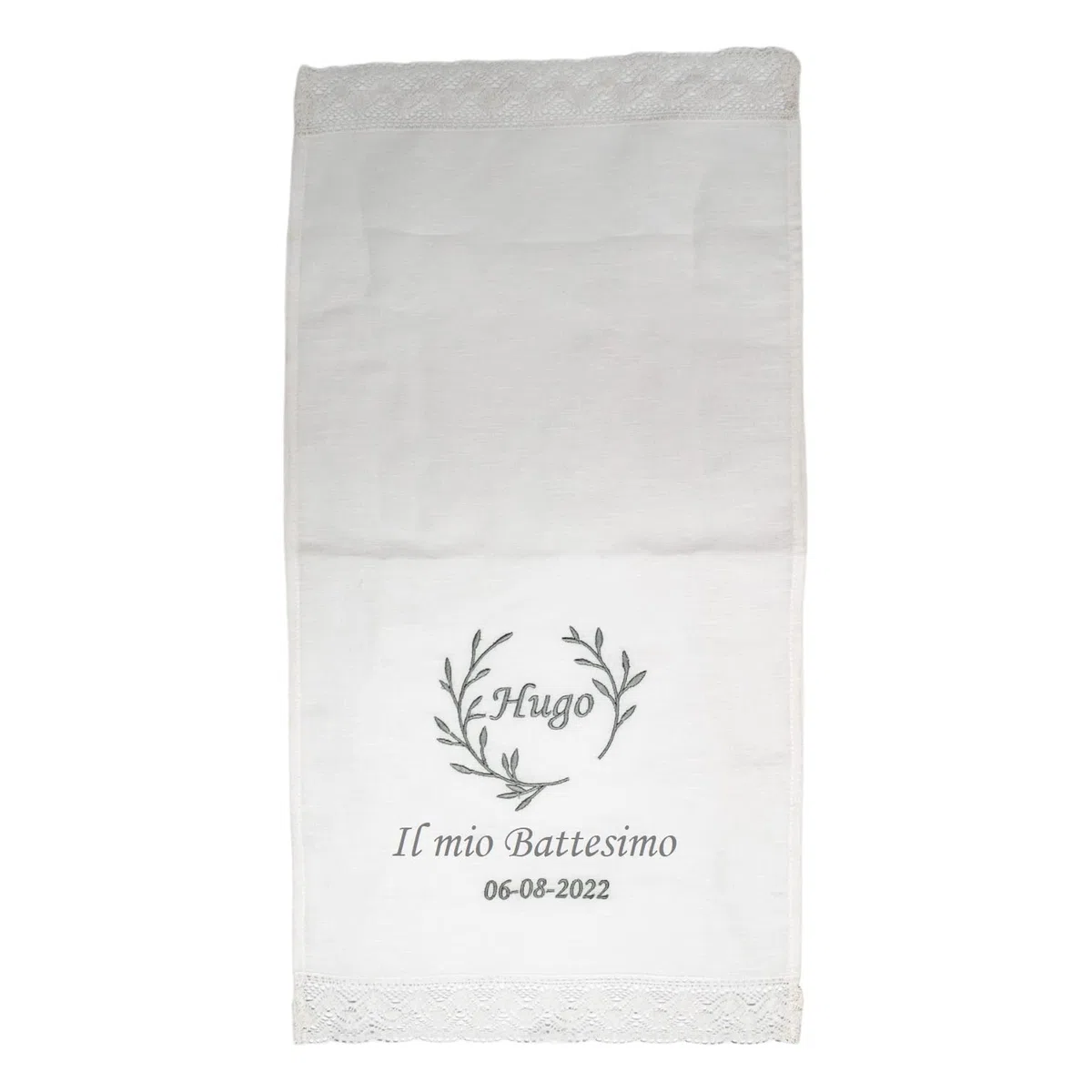 Panno per battesimo personalizzato - Fazzoletto per rito con Nome e Data - Modello Piccoli Foglioline - Regalo per il battesimo - Handmade - Nenel (Grigio)
