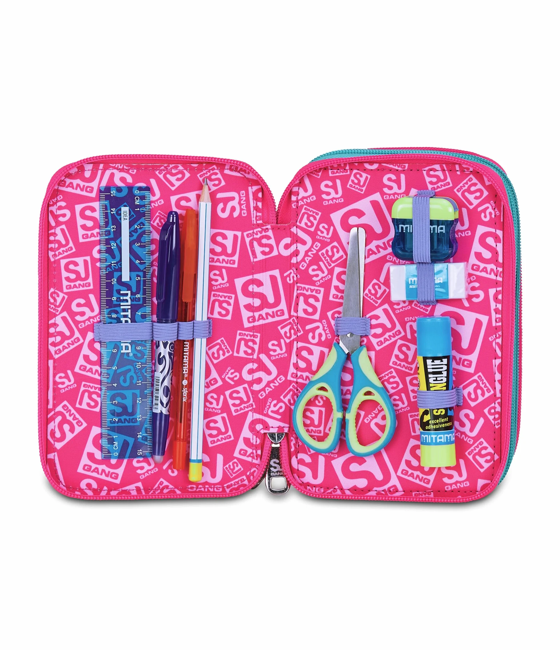 SJ GANG STYLE JAM GANG Astuccio Scuola 3 Zip, Rosa, Portapenne Triplo Scomparto Completo Di Penne, Matite, Colori, Accessori Zaino, Scuole Elementari, Bambina