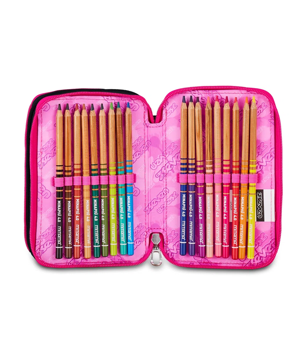 Seven Astuccio Scuola Elementare, 3 scomparti, Medie, con Matite, Pennarelli, Penne, 3 Zip, Starnova, Bambina e Ragazza, nero/fucsia