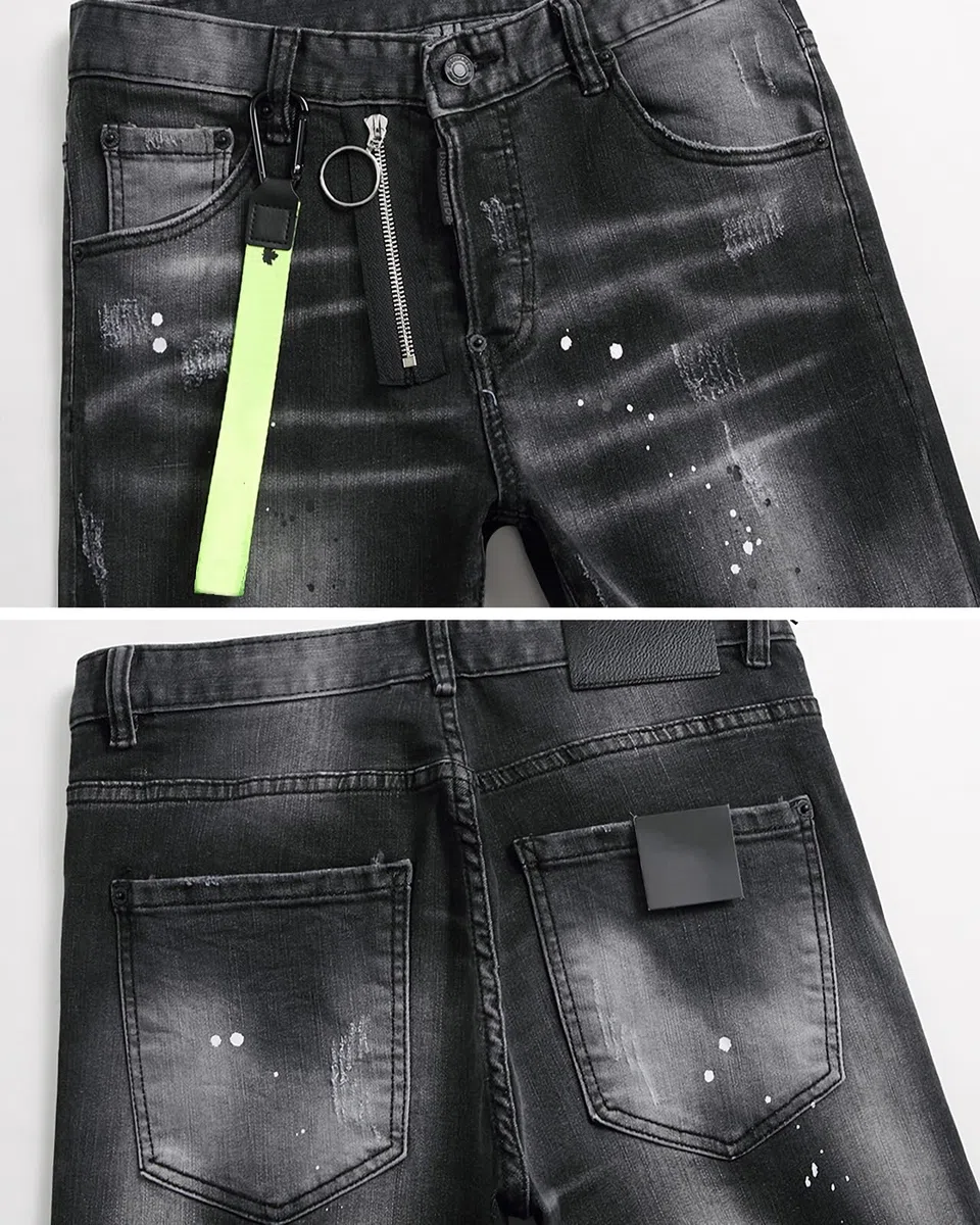 Jeans Uomo Slim Fit Strappati in Denim Stretch - Pantaloni Casual con Design a Spruzzo di Inchiostro, Stile Streetwear Y2K, Moda Versatile per Tutte Le Occasioni