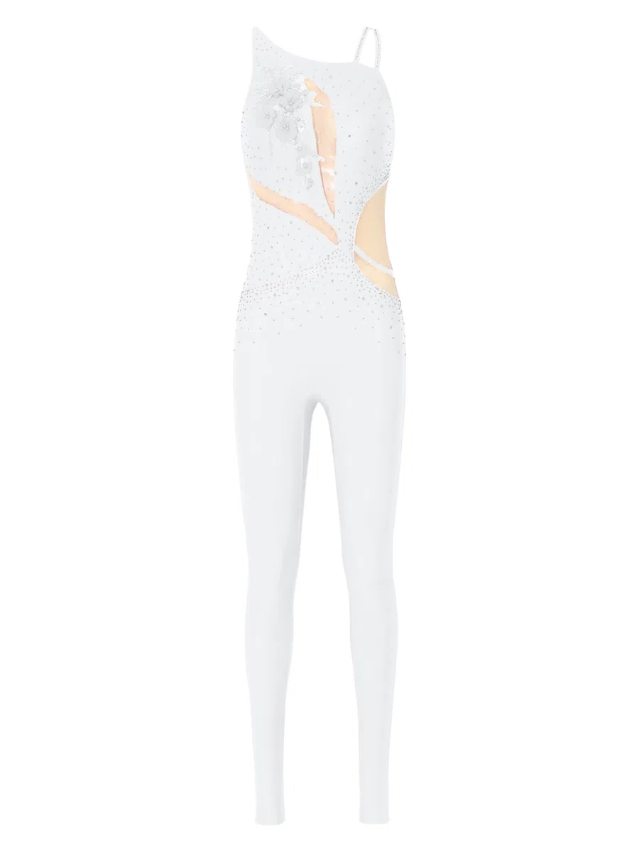 Donna Tuta Intera da Ginnastica Artistica Strass Body Danza Classica Balletto Leotards Senza Manica Jumpsuit Abito da Pattinaggio Artistico