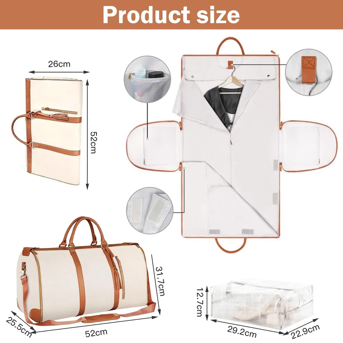 Borsone da Viaggio, Porta Abiti da Viaggio, Travel Bag con Custodia Per Scarpe, Grande Borsa da Viaggio Donna, Borsa da Viaggio Porta Abiti Pieghevole, Borsa Per Valigie Sospesa 2 In 1 (Bianco)