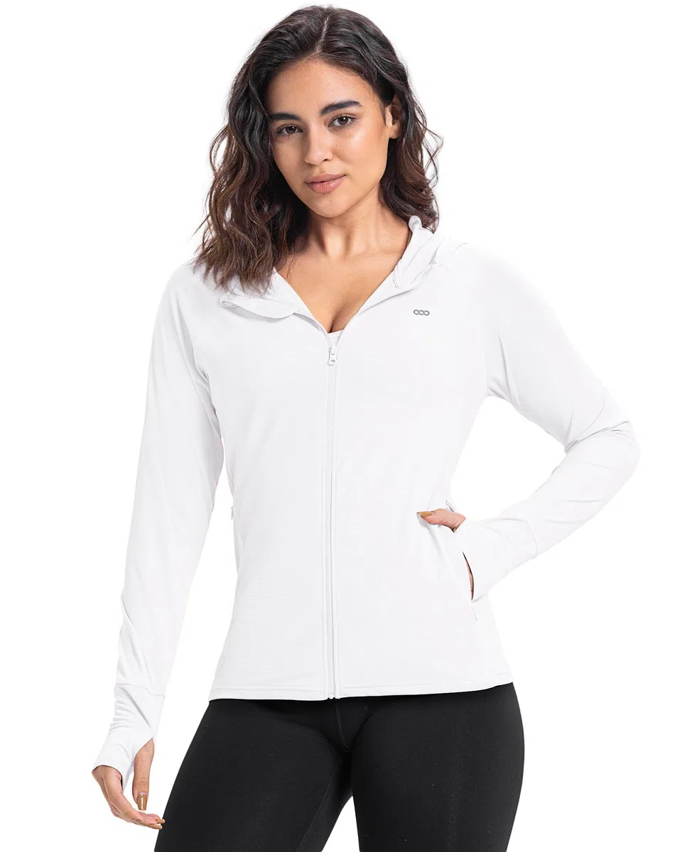 33,000ft Giacca da corsa leggera da donna, UPF 50+, con cappuccio Full Zip, con foro per il pollice, traspirante, con 4 tasche, per corsa, fitness