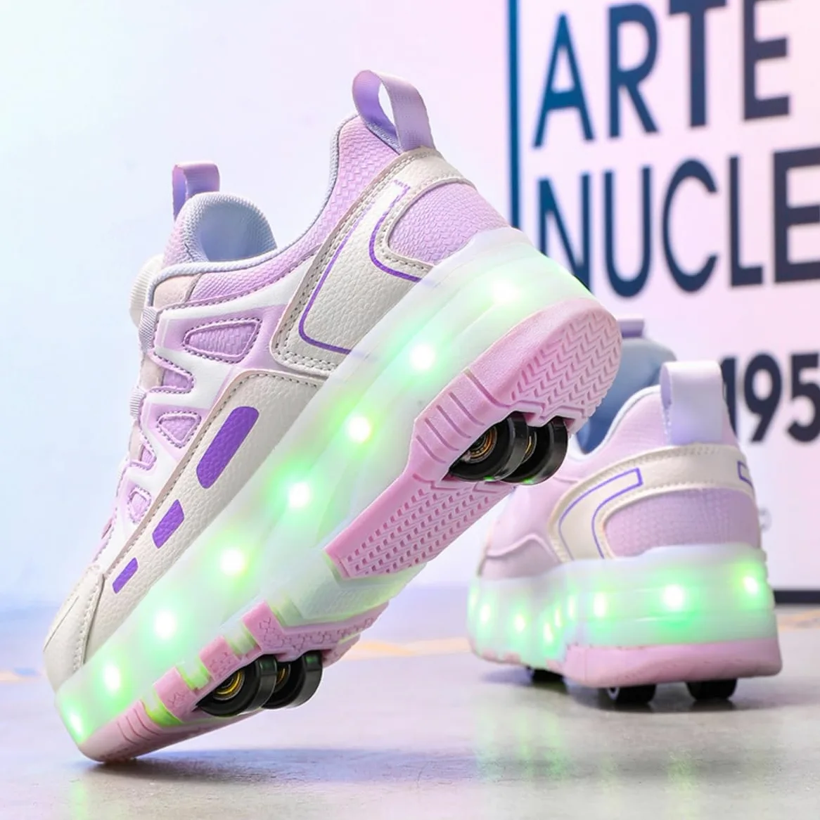Mateju Scarpe con Rotelle per Bambini, Scarpe da Skateboard Sportive all'aperto 2 in 1 con 4 Ruote Rimovibili, Pattini Scarpe da Ginnastica Brillare di Notte Sneakers Unisex