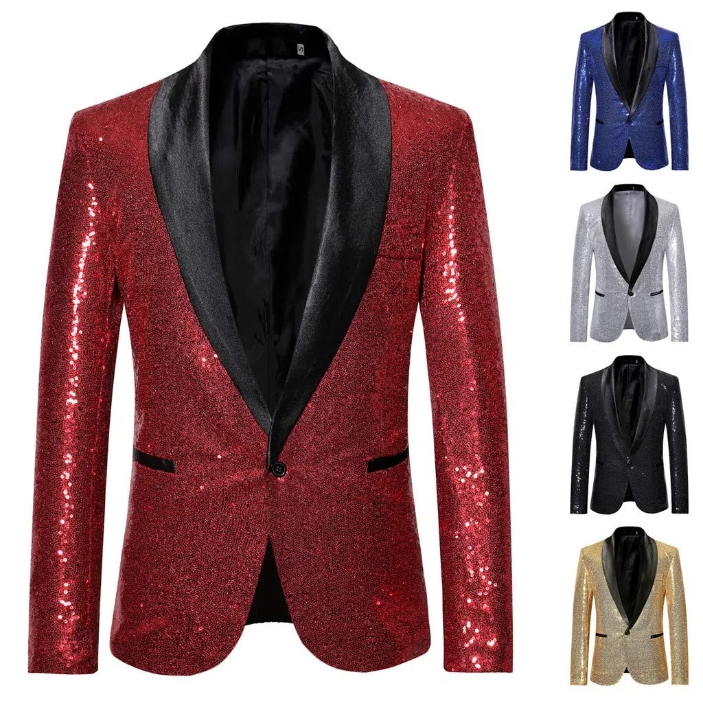 Giacca glitterata da uomo con paillette, blazer slim fit, abito da sposa dorato, festa di nozze, un bottone, giacca per smoking di Natale, Capodanno, con 2 colori