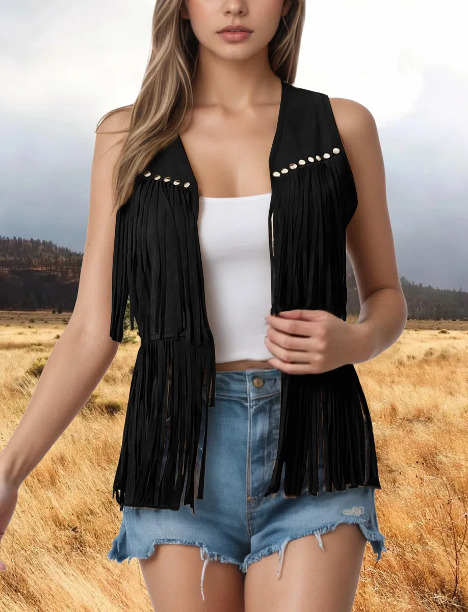Maeau - Gilet Donna Senza Maniche Faux Camoscio con Franges Casual Giacca Senza Bottoni Stile Cowboy S-XXL