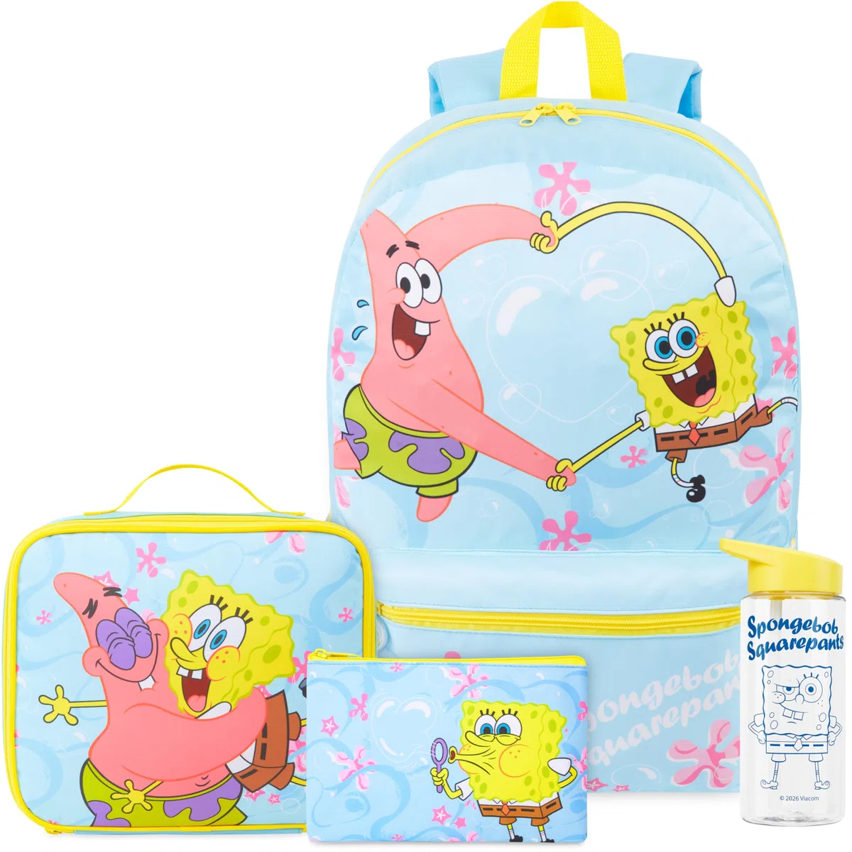 Get Trend SpongeBob Zaino Ragazza Set, 4 Pc con Zaino Scuola, Borsa Termica Porta Pranzo, Borraccia con Cannuccia e Astuccio, Regalo Bambina (Azzurro/Giallo SpongeBob)