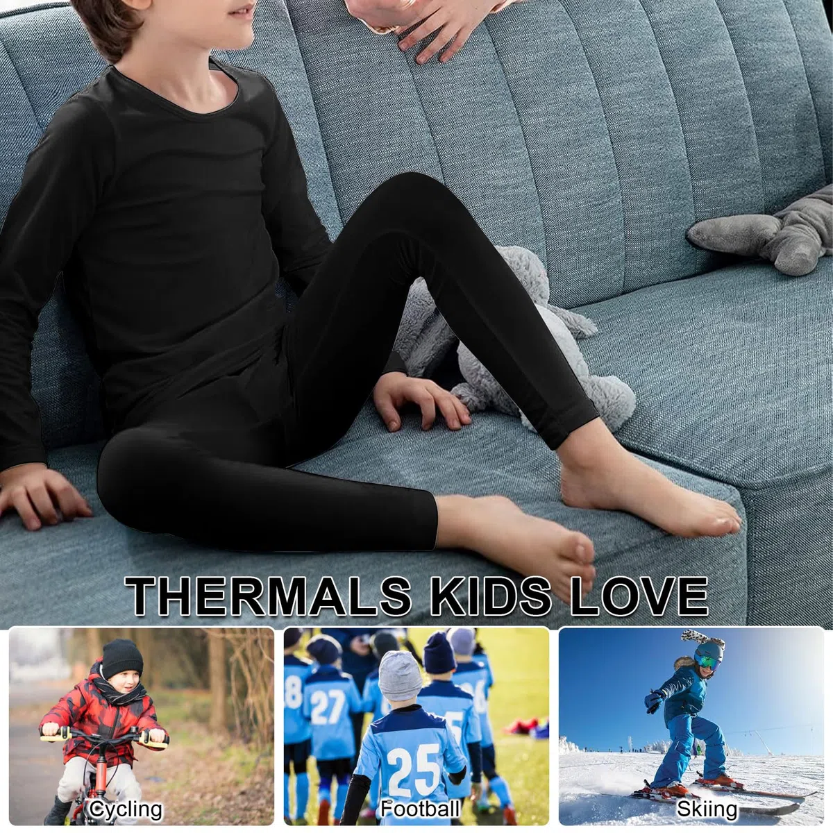 Set di biancheria intima termica per bambini, foderato in feltro, caldo per l'inverno, per ragazze e ragazzi, con top e leggings per sci, ciclismo e corsa e calcio