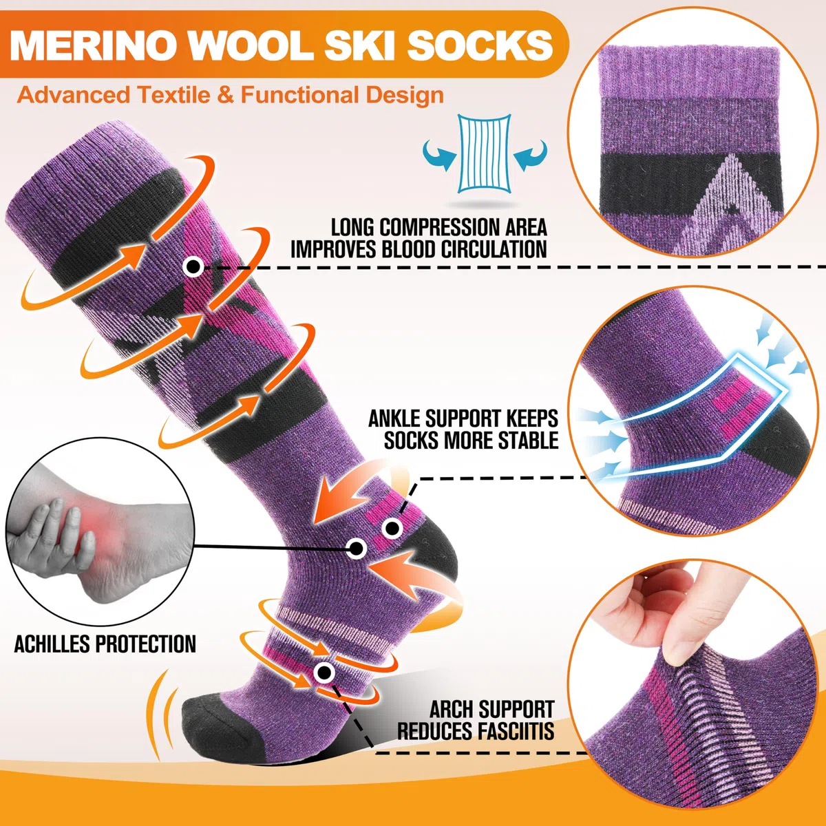 Welwoos Calze da sci lana merino, termiche, spesse, a compressione, traspiranti, in 3 paia.