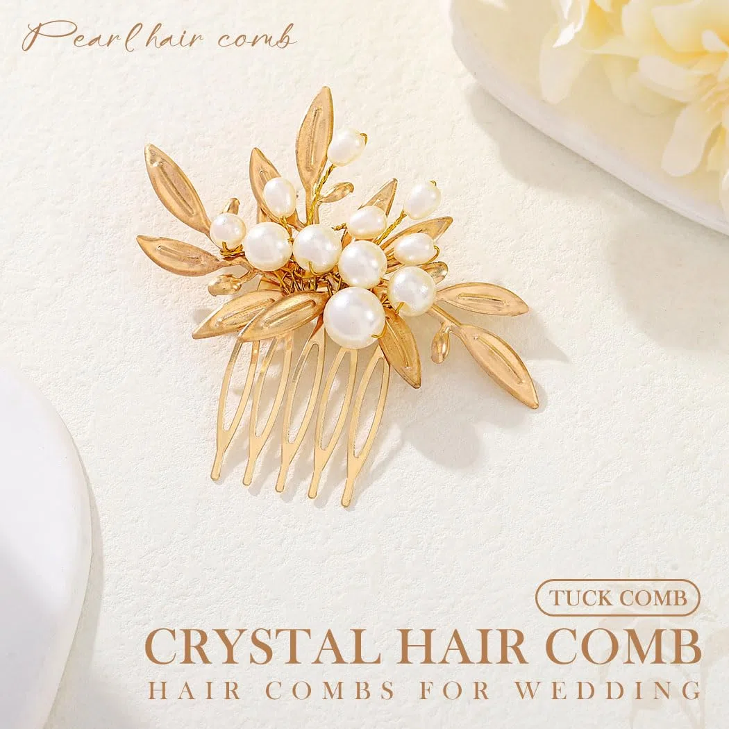 Reaky Pettini per capelli con perle e foglie d'oro per capelli da sposa