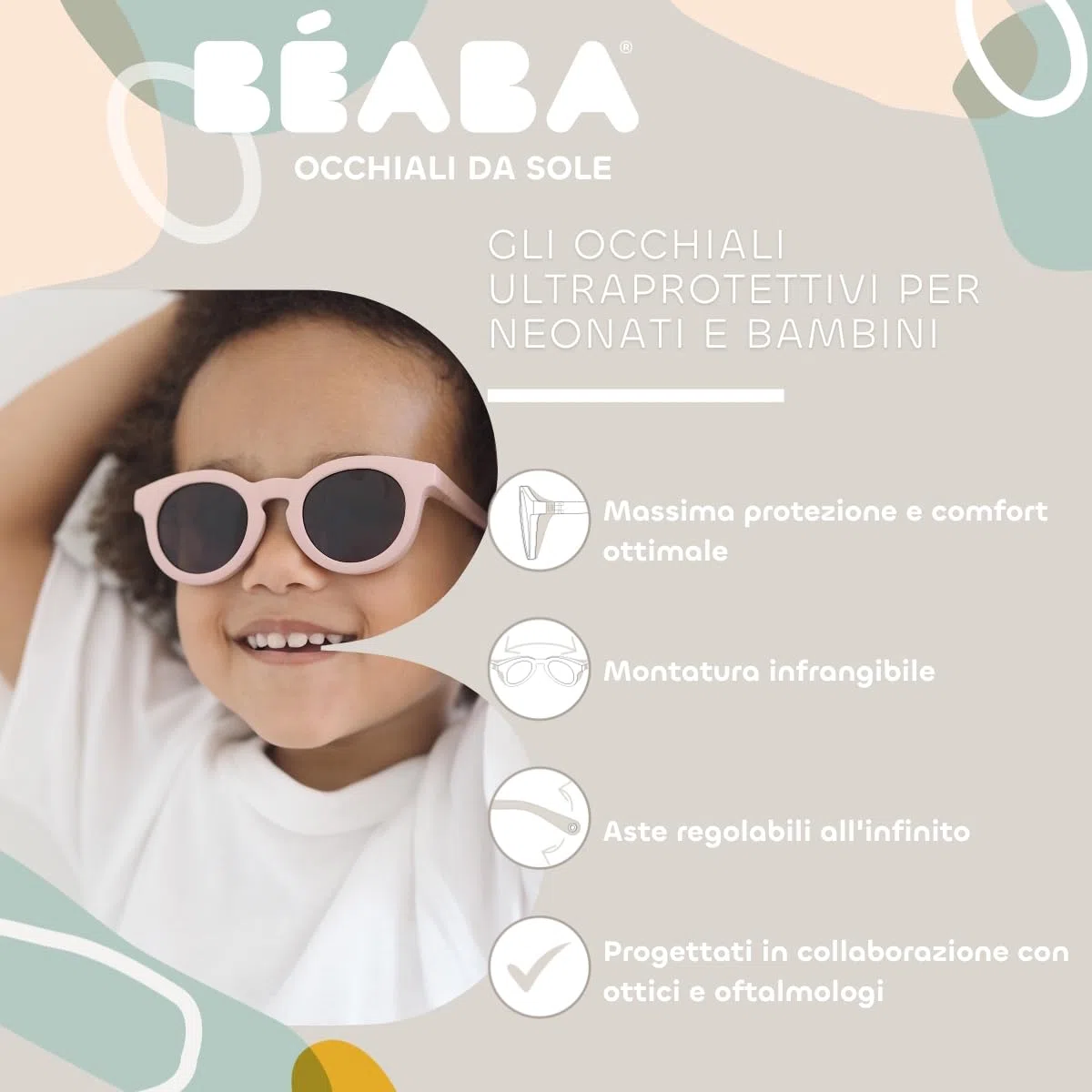 BÉABA, Occhiali Da Sole Per Bambini 2-4 Anni, Protezione 100% UV - CAT 3, Protezione Laterale, Comfort Ottimale, Aste Regolabili A 360°, Adattabili Alla Vista, Collezione Retro, Dusty Rose
