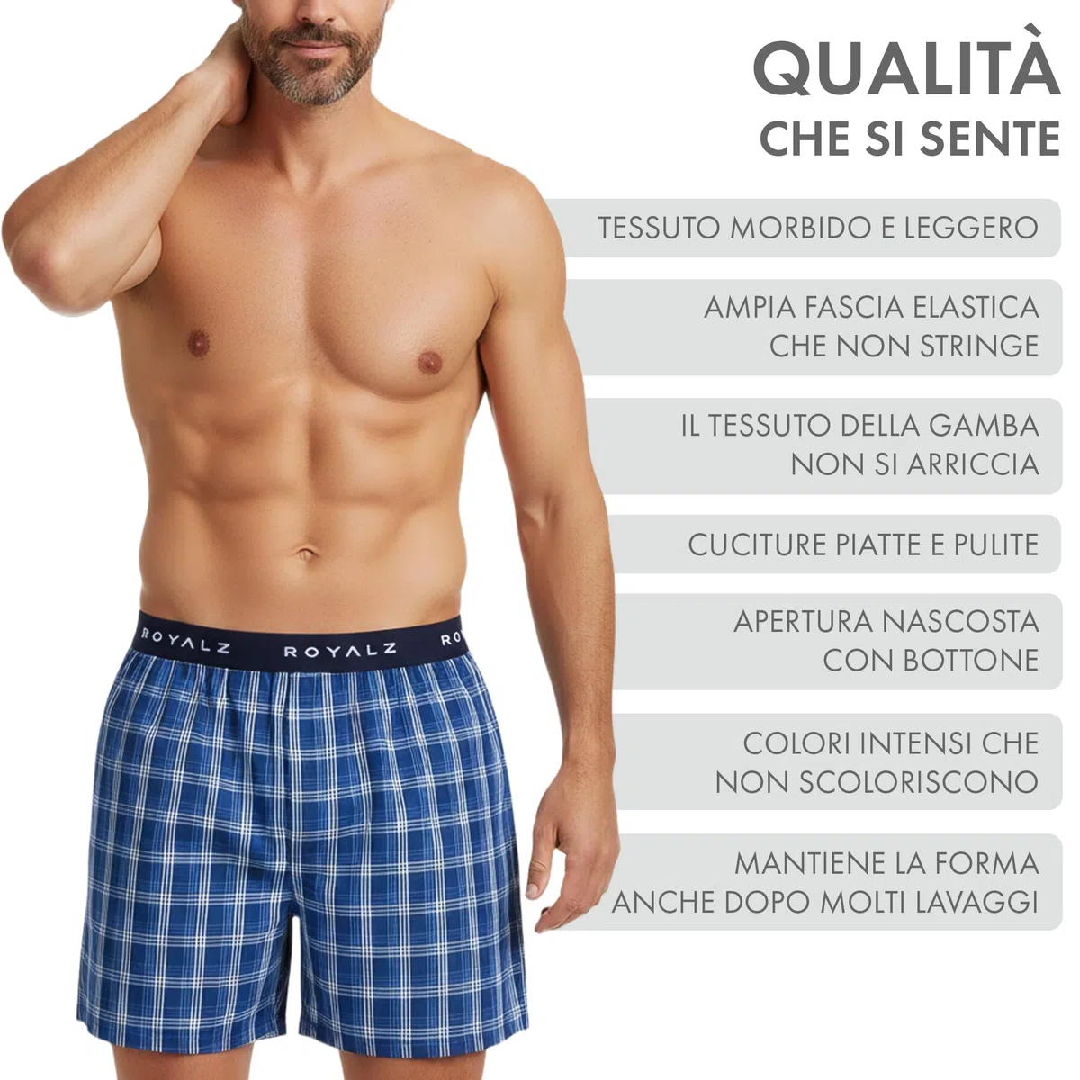 ROYALZ Boxer Uomo Cotone 100 per Cento (Confezione da 5 Pezzi) - Mutande Boxer Americani Uomo Larghi - Briefs Intimo con Motivo a Quadri Blu