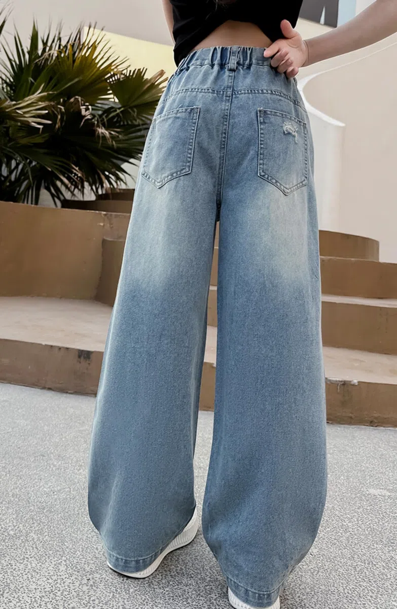 Rolanko Jeans Ragazze, Loose Denim Pantaloni Vita Elastico Moda Rotti Blu per Bambini