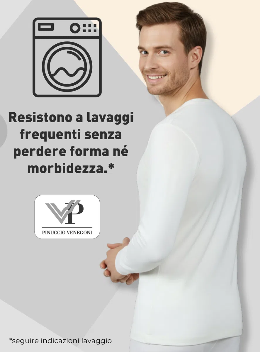 VP PINUCCIO VENEGONI Set 2 Magliette Uomo Lana e Cotone 100% Manica Lunga Termica Bianca