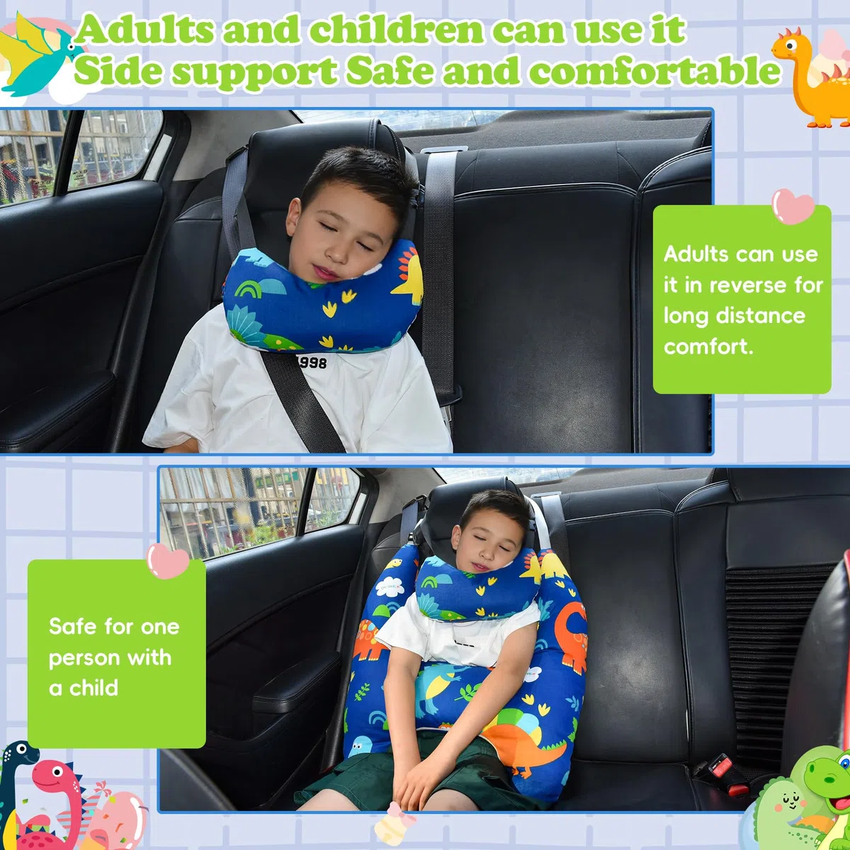 Cuscino Auto Bambini, Cuscino Auto per Bambini a Forma di H, Cuscino da Viaggio per Bambini in Auto, Lavabile, Regolabile e Traspirante, per I Lunghi Viaggi in Auto (Dinosauro)