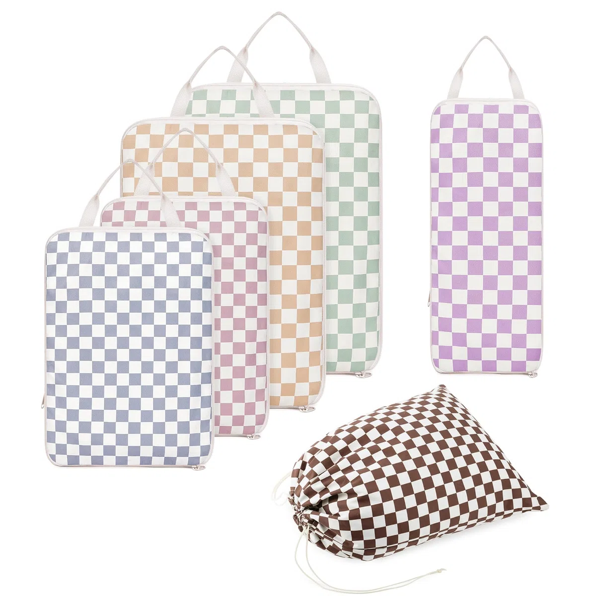 Narwey Organizer Valigia 6 Pezzi Packing Cubes Compression, Organizer Valigia Viaggio Compressione Salvaspazio, Viaggio Accessori Utili per Vestiti Scarpe Deposito (Checker Combined)