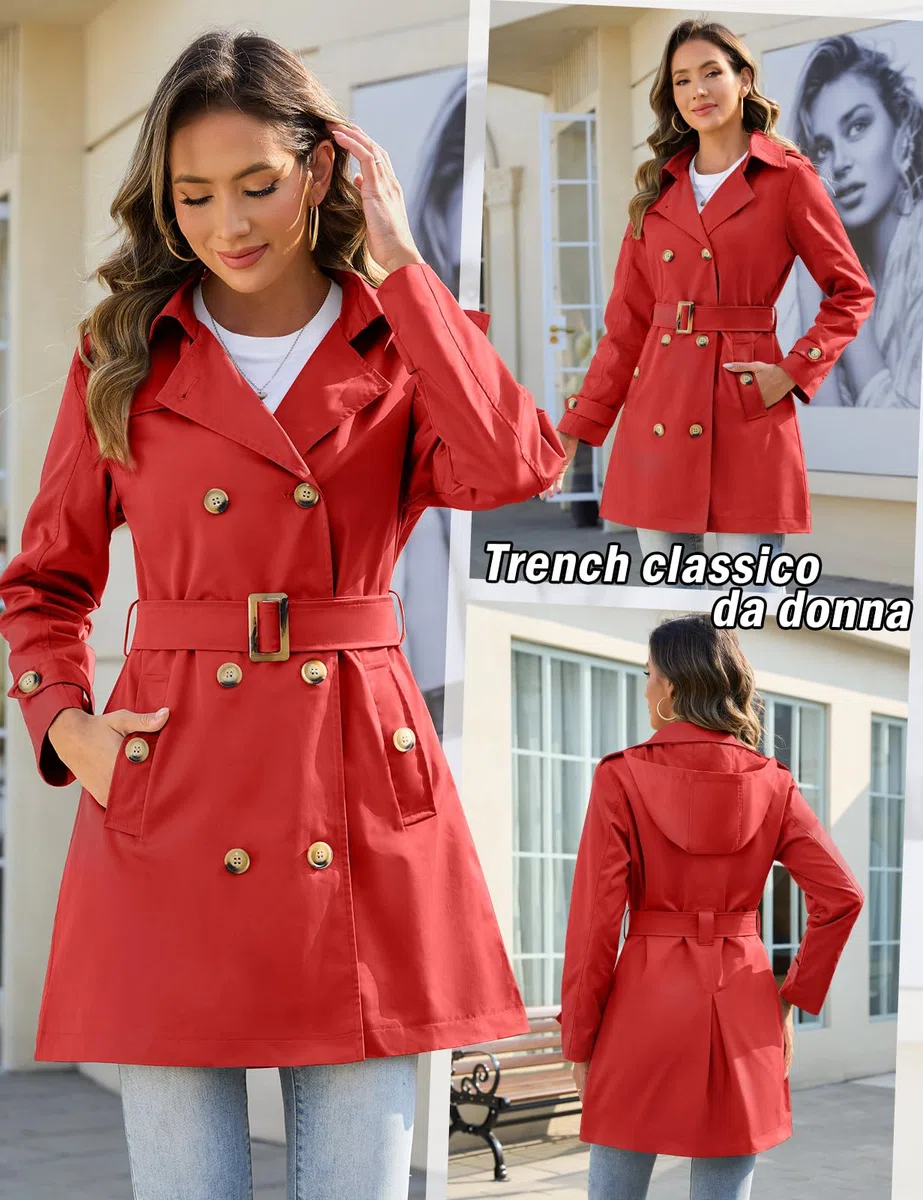 Yuson Girl Trench Donna Doppiopetto Cappotto Classico Trench Impermeabile con Cappuccio Leggero Parka Windbreaker Giacche Primaverile Autunnale Antivento Trenchcoat con Cintura