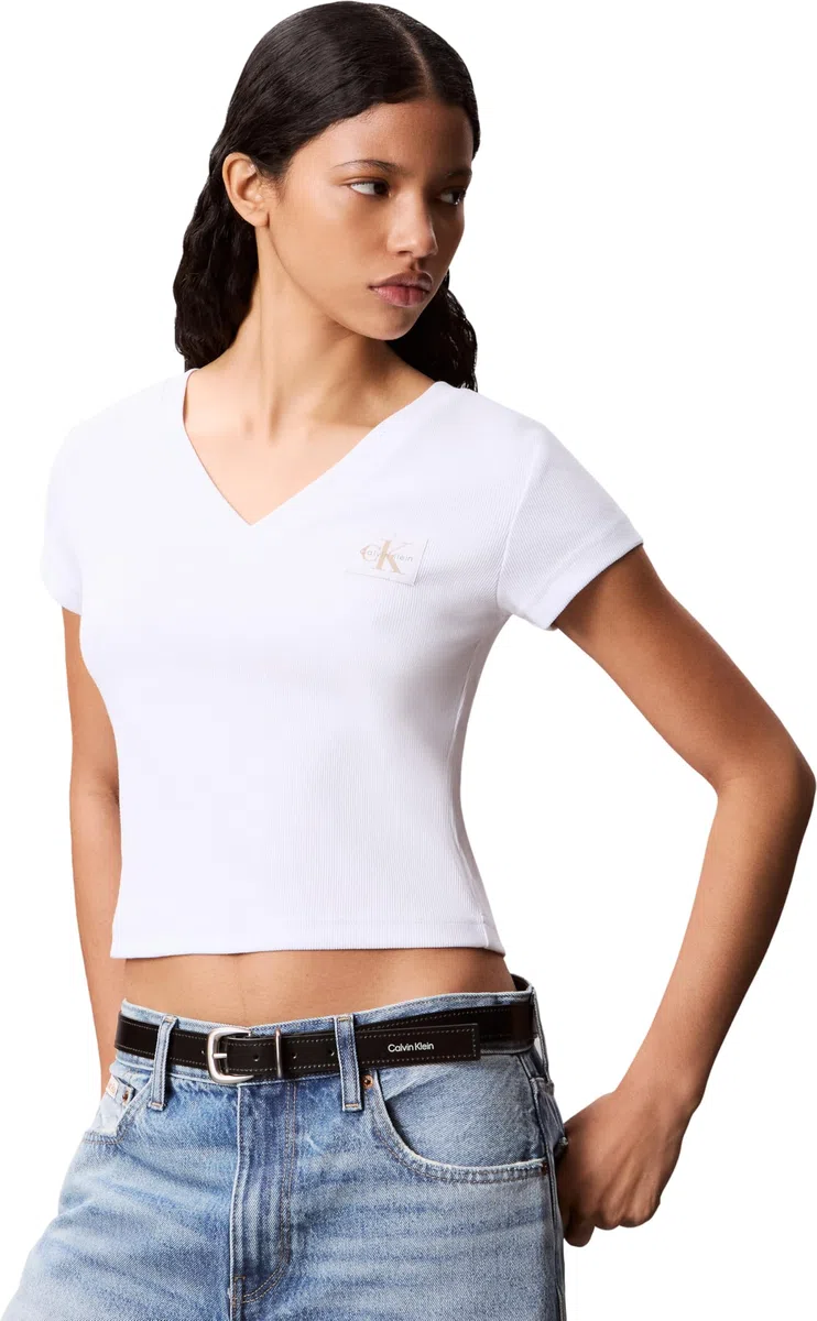 Calvin Klein Donna T-Shirt Maniche Corte Woven Label Rib Tee con Scollo a V