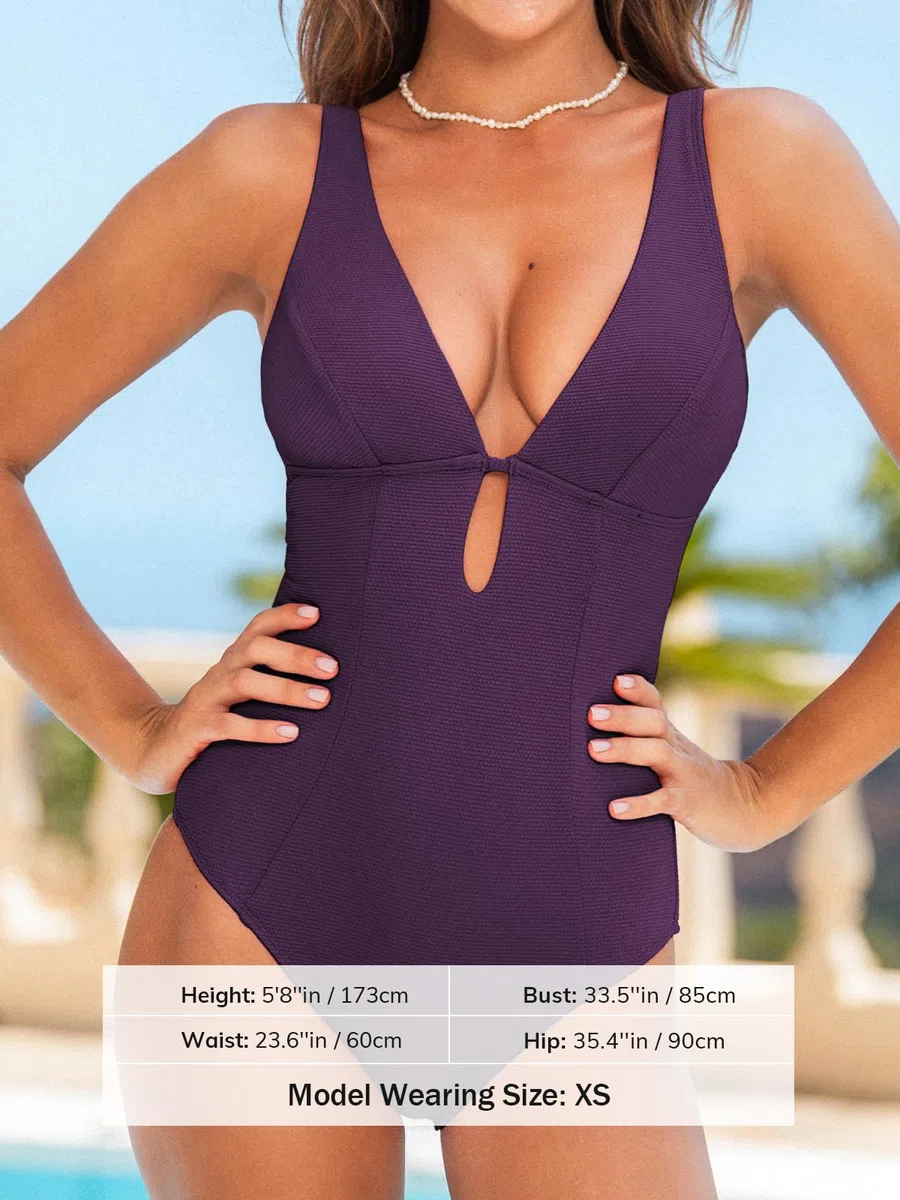 CUPSHE Costume da bagno intero da donna, con scollo a V profondo, oblò e anello, testurizzato