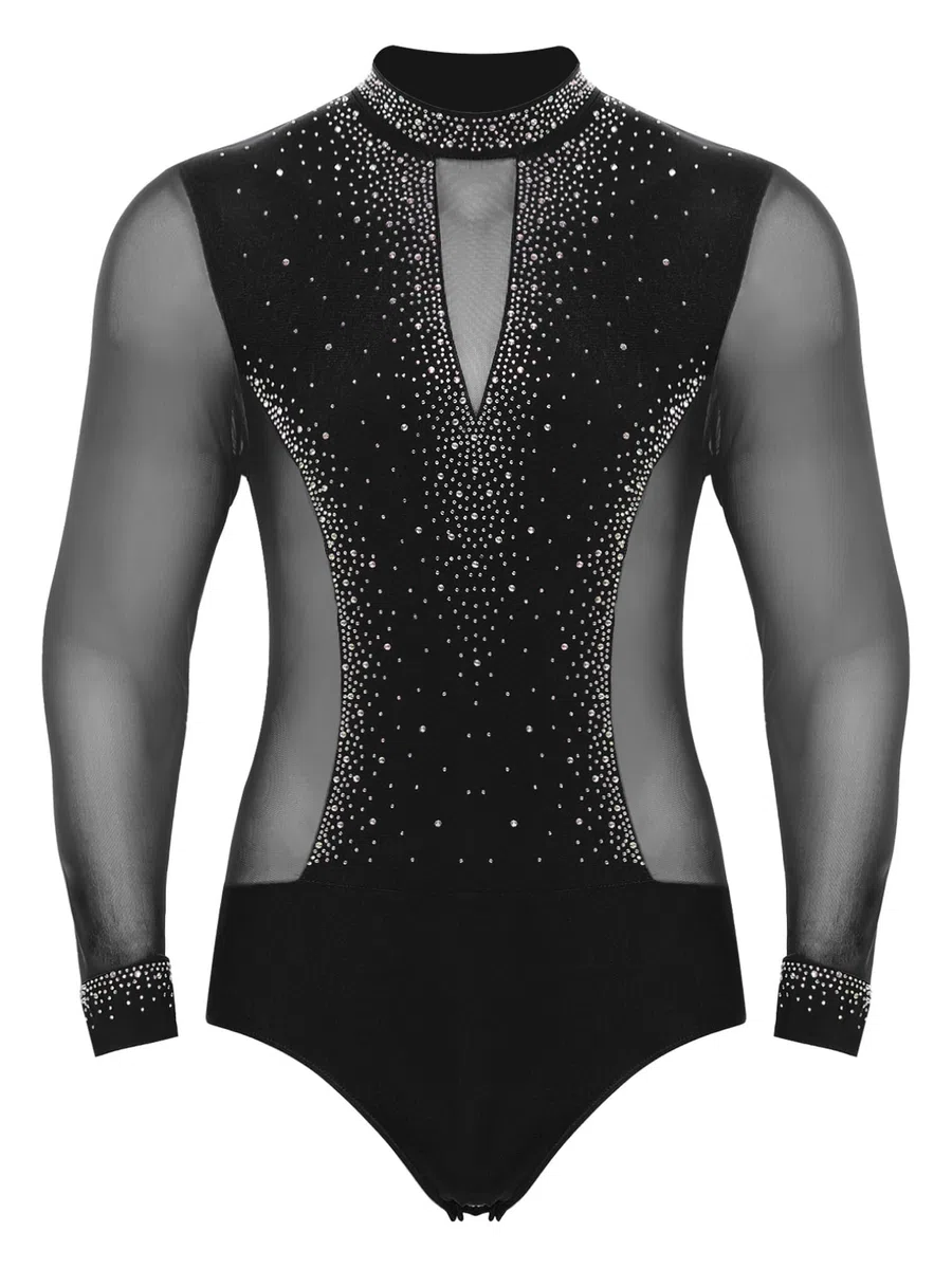 JEATHA Completo da Ballo Latino Uomo Camicia Body Danza Classica con Strass e Pantaloni a Zampa Nappe da Danza Moderna Tuta da Pattinaggio Artistico Salsa Rumba