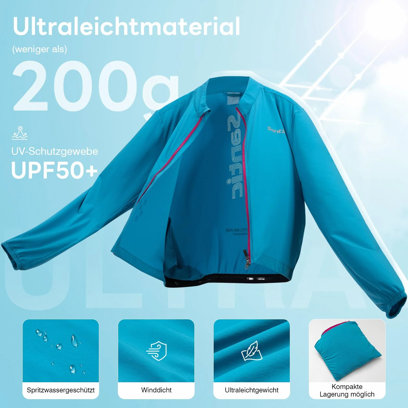 Santic Giacca da ciclismo da donna, per ciclismo, corsa, traspirante, leggera, protezione UV, per ciclismo, riflettente, da corsa