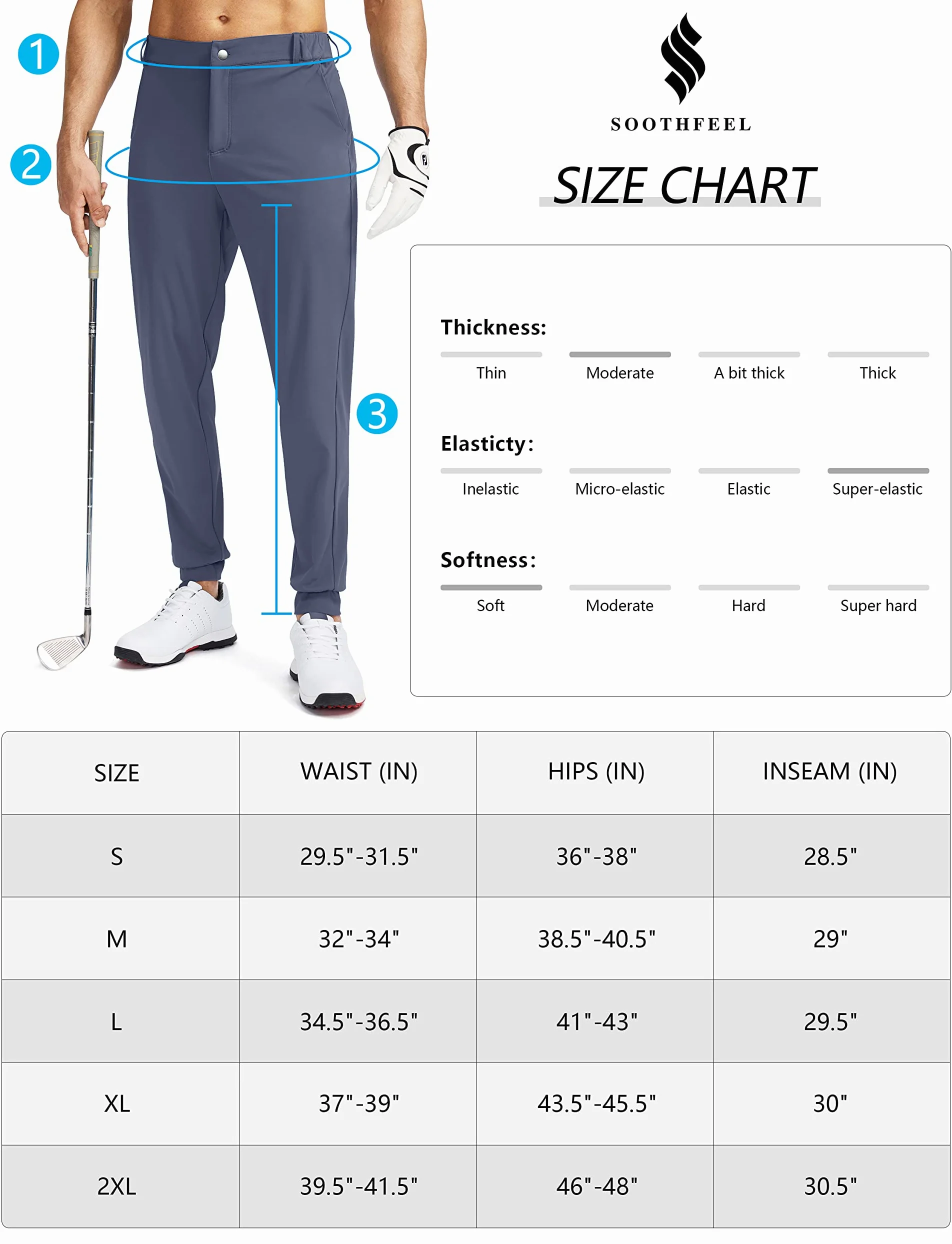 Soothfeel, Pantaloni da golf da uomo con 5 tasche, aderenti, elasticizzati, da corsa, da viaggio, da lavoro