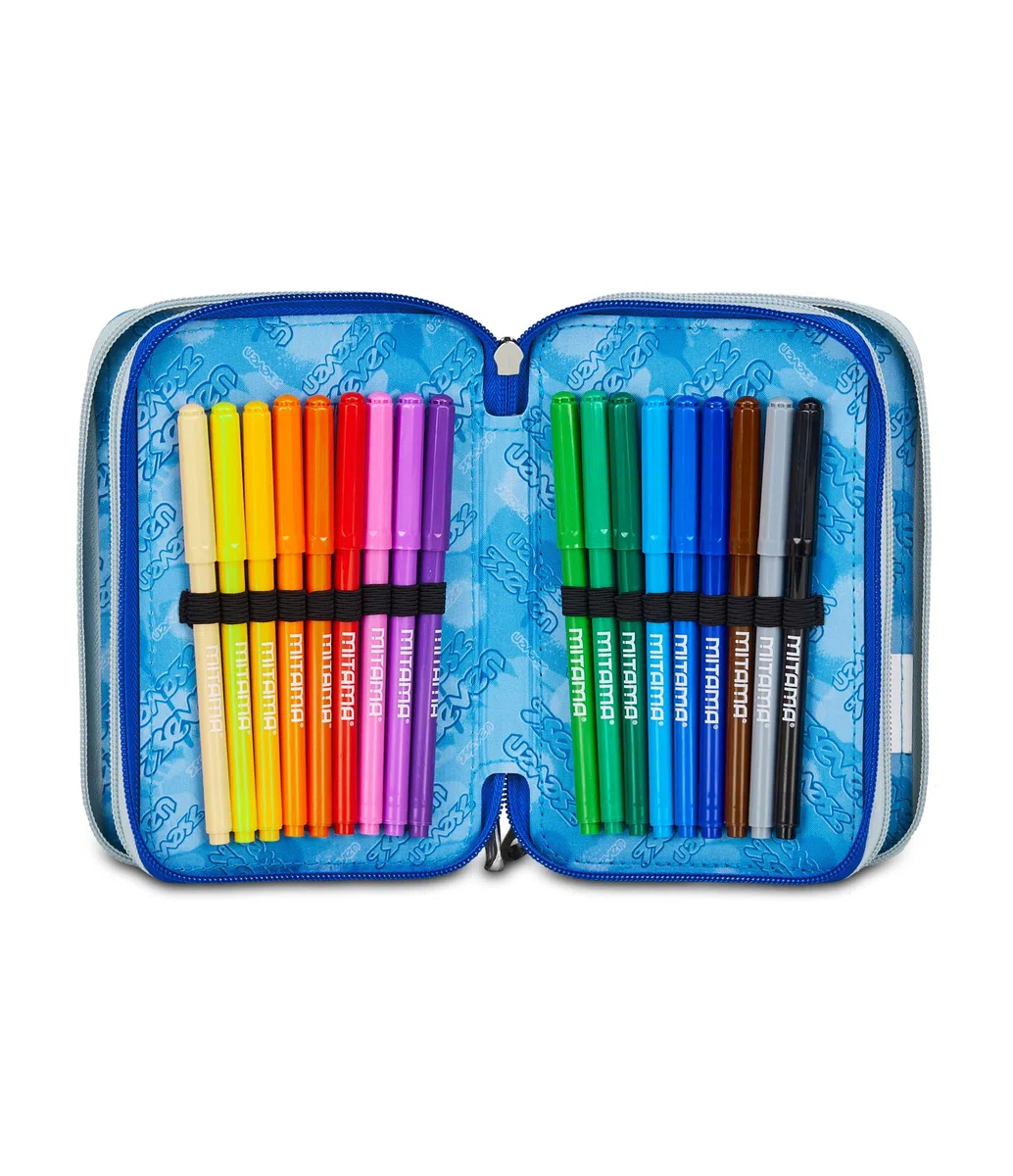 Seven Astuccio Scuola Elementare, 3 scomparti, Medie, con Matite, Pennarelli, Penne, 3 Zip, Hue & Writes, Bambino, Ragazzo, blu