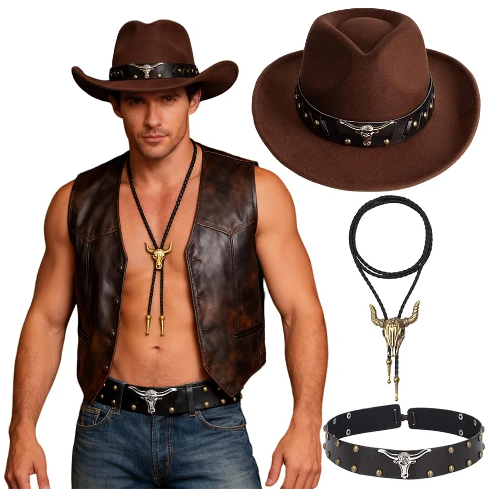 Cappello Da Cowboy Occidentale Nero, Cintura Da Cappello Da Cowboy Retro Regolabile, Bronzo Cravatte Da Cowboy In Pelle, Festa A Tema, Carnevale Di Halloween Regali Costumi